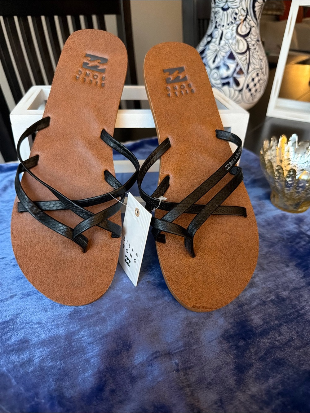 Billabong Black Strappy Sandals with Tan Footbed